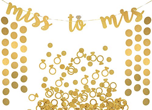 Miss to Mrs Banner, Garland & Confetti Set - Bachelorette, Engagement or Wedding Party Decorations - Sparkly Rose Gold Banner, Circle Garland & Super Fun Diamond Ring & Circle Confetti (Gold)