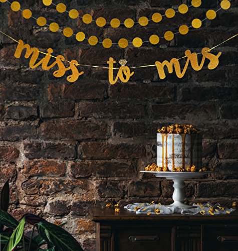 Miss to Mrs Banner, Garland & Confetti Set - Bachelorette, Engagement or Wedding Party Decorations - Sparkly Rose Gold Banner, Circle Garland & Super Fun Diamond Ring & Circle Confetti (Gold)