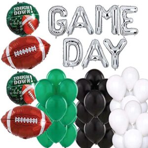 Hall & Perry Game Day Football Balloon Kit with Mylar Letters and Footballs and Latex White Green and Black Balloons