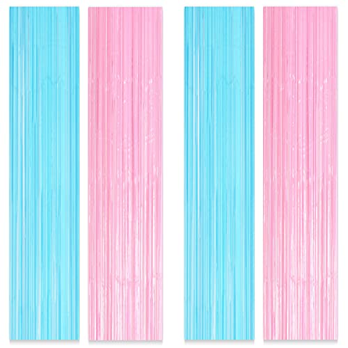 Boopati 3.2x6.6 Feet Pink & Blue Metallic Tinsel Foil Fringe Curtains for Baby Shower Gender Reveals Party Decoration Party Photo Backdrop,4 Packs