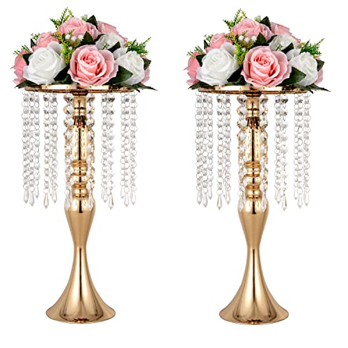 LANLONG Set of 2 Crystal Wedding Table Centerpieces Gold Flower Stand Vases Centerpiece Decorations for Reception Party Home Decor