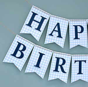 blue gingham happy birthday banner, light blue and navy banner, checkered banner