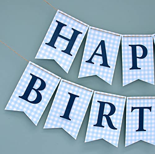 Blue Gingham Happy Birthday Banner, Light Blue and Navy Banner, Checkered Banner