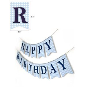 Blue Gingham Happy Birthday Banner, Light Blue and Navy Banner, Checkered Banner