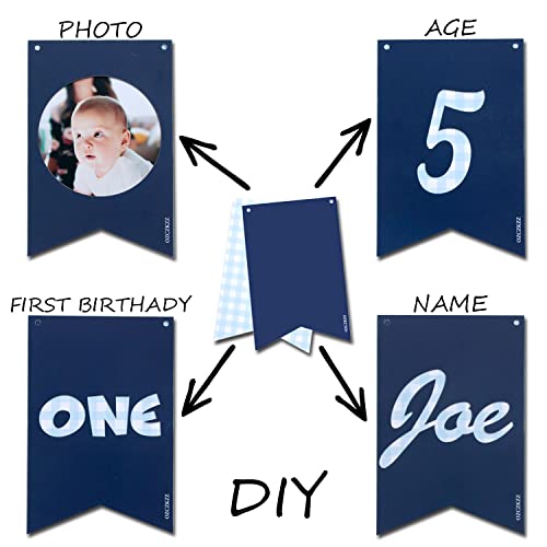 Blue Gingham Happy Birthday Banner, Light Blue and Navy Banner, Checkered Banner