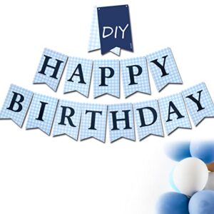 Blue Gingham Happy Birthday Banner, Light Blue and Navy Banner, Checkered Banner