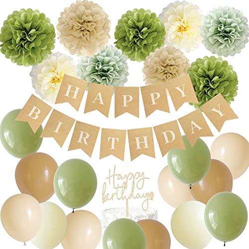 ANSOMO Rustic Sage Green Happy Birthday Party Decorations Eucalyptus Retro Olive Green Tan Khaki Kraft Brown Cream Ivory Nude Blush Décor Supplies Neutral Botanical Greenery Banner Balloons Pom Poms