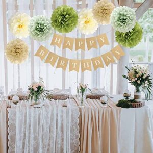 ANSOMO Rustic Sage Green Happy Birthday Party Decorations Eucalyptus Retro Olive Green Tan Khaki Kraft Brown Cream Ivory Nude Blush Décor Supplies Neutral Botanical Greenery Banner Balloons Pom Poms