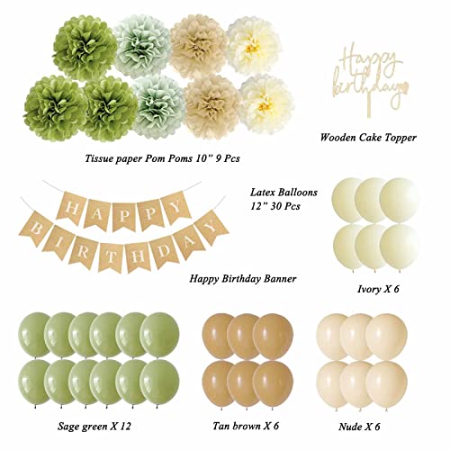 ANSOMO Rustic Sage Green Happy Birthday Party Decorations Eucalyptus Retro Olive Green Tan Khaki Kraft Brown Cream Ivory Nude Blush Décor Supplies Neutral Botanical Greenery Banner Balloons Pom Poms