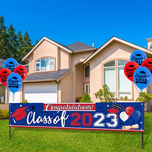 Class of 2023 Graduation Decorations Blue and Red Graduation Banner Large Congratulations Backdrop and 8pcs Congrats Grad Balloons College Graduation Party Graduation Decorations 2023