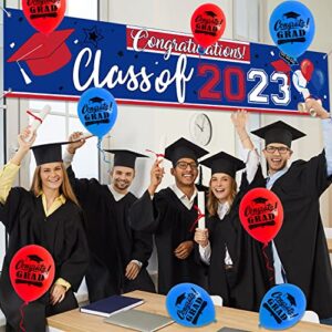 Class of 2023 Graduation Decorations Blue and Red Graduation Banner Large Congratulations Backdrop and 8pcs Congrats Grad Balloons College Graduation Party Graduation Decorations 2023