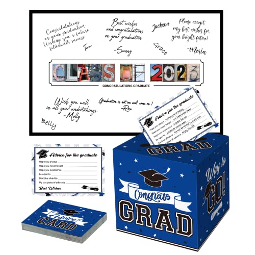 DAZONGE Class of 2023 Graduation Party Decorations Blue - 1 Graduation Card Box with 30 Graduation Advice Cards and 1 Guestbook Signature Board for Graduation Party Supplies - Graduation Gifts