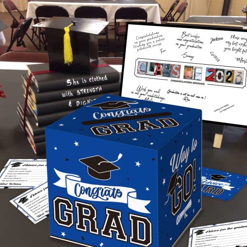 DAZONGE Class of 2023 Graduation Party Decorations Blue - 1 Graduation Card Box with 30 Graduation Advice Cards and 1 Guestbook Signature Board for Graduation Party Supplies - Graduation Gifts