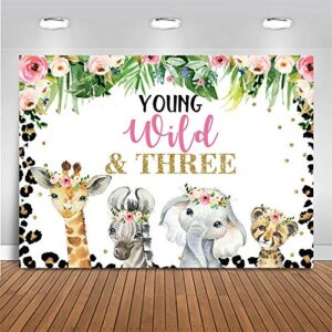 mocsicka young wild and three backdrop girls safari theme 3rd birthday party decoration 7x5ft pink floral leopard photo background for birthday banner (7x5ft (82×60 inch))