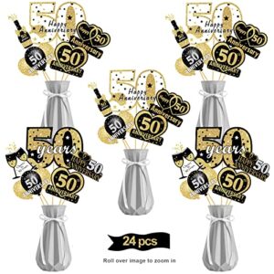 24pcs happy 50th anniversary decorations table centerpiece sticks, black gold 50 year wedding anniversary tables topper party supplies, fifty anniversary sign decor