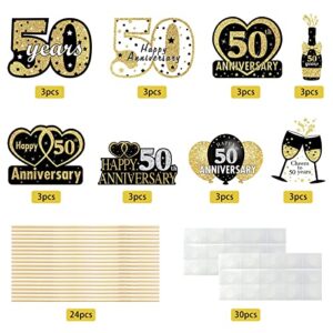 24pcs Happy 50th Anniversary Decorations Table Centerpiece Sticks, Black Gold 50 Year Wedding Anniversary Tables Topper Party Supplies, Fifty Anniversary Sign Decor
