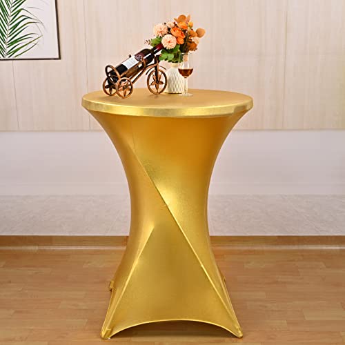 4 Pack Cocktail Spandex Stretch Square Corners Tablecloth, 32"x43" Metallic Gold Spandex Cocktail Table Cover, Fitted High Top Round Table Cloth for Wedding Bar Party Events Home Decor Supplies