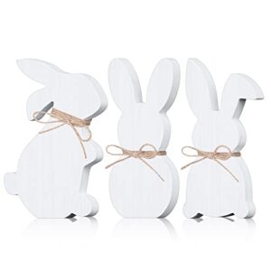 3 pcs easter bunny table wooden signs with rope easter spring wooden tiered tray decor rabbit tabletop party centerpiece signs spring decorations for home dining room desk office (white)