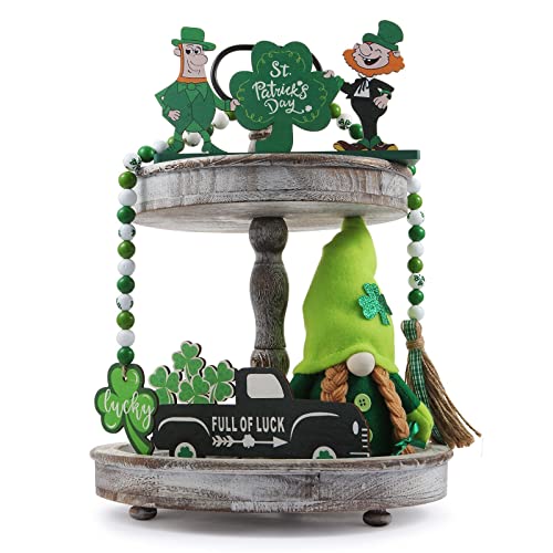 LYIBLE 4Pcs St. Patrick's Day Tiered Tray Decor Set with Gnomes Plush Doll St.Patrick Day Luck Wood Sign Shamrock Wooden Bead Garland for St.Patrick Irish Party Home Table Decor (Tray Not Included)