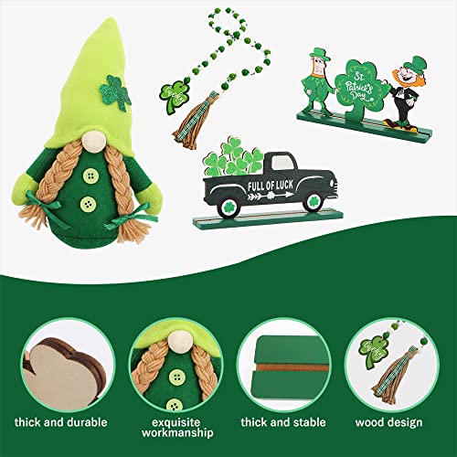 LYIBLE 4Pcs St. Patrick's Day Tiered Tray Decor Set with Gnomes Plush Doll St.Patrick Day Luck Wood Sign Shamrock Wooden Bead Garland for St.Patrick Irish Party Home Table Decor (Tray Not Included)