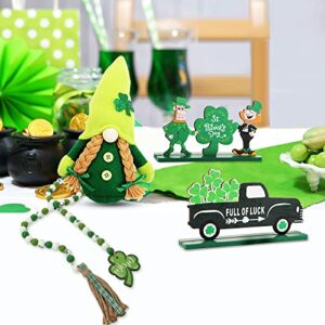 LYIBLE 4Pcs St. Patrick's Day Tiered Tray Decor Set with Gnomes Plush Doll St.Patrick Day Luck Wood Sign Shamrock Wooden Bead Garland for St.Patrick Irish Party Home Table Decor (Tray Not Included)