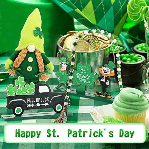 LYIBLE 4Pcs St. Patrick's Day Tiered Tray Decor Set with Gnomes Plush Doll St.Patrick Day Luck Wood Sign Shamrock Wooden Bead Garland for St.Patrick Irish Party Home Table Decor (Tray Not Included)