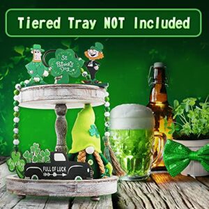 LYIBLE 4Pcs St. Patrick's Day Tiered Tray Decor Set with Gnomes Plush Doll St.Patrick Day Luck Wood Sign Shamrock Wooden Bead Garland for St.Patrick Irish Party Home Table Decor (Tray Not Included)