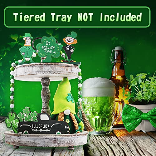 LYIBLE 4Pcs St. Patrick's Day Tiered Tray Decor Set with Gnomes Plush Doll St.Patrick Day Luck Wood Sign Shamrock Wooden Bead Garland for St.Patrick Irish Party Home Table Decor (Tray Not Included)