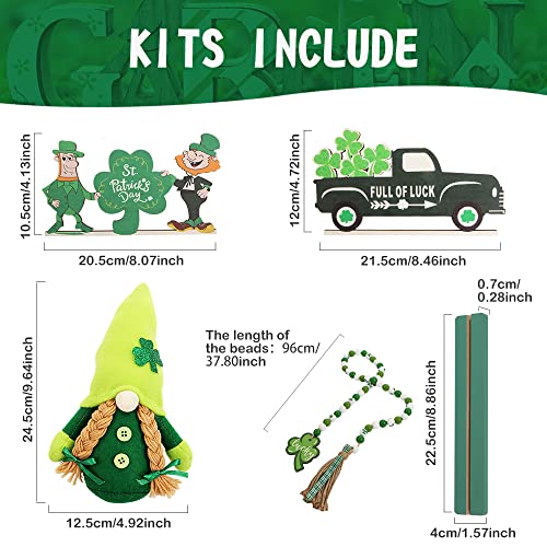 LYIBLE 4Pcs St. Patrick's Day Tiered Tray Decor Set with Gnomes Plush Doll St.Patrick Day Luck Wood Sign Shamrock Wooden Bead Garland for St.Patrick Irish Party Home Table Decor (Tray Not Included)