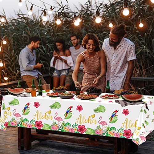 Aloha Party Decoration 3 Pack Hawaiian Tablecloths for Luau Party Decorations, Tropical Flamingo Table Cover Disposable Plastic with "Aloha" Gold Letters, Summer Beach Theme Birthday Party Supplies