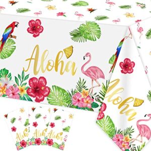 aloha party decoration 3 pack hawaiian tablecloths for luau party decorations, tropical flamingo table cover disposable plastic with “aloha” gold letters, summer beach theme birthday party supplies