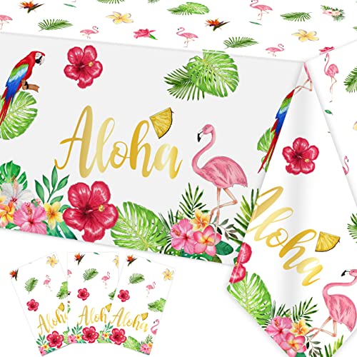 Aloha Party Decoration 3 Pack Hawaiian Tablecloths for Luau Party Decorations, Tropical Flamingo Table Cover Disposable Plastic with "Aloha" Gold Letters, Summer Beach Theme Birthday Party Supplies