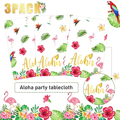 Aloha Party Decoration 3 Pack Hawaiian Tablecloths for Luau Party Decorations, Tropical Flamingo Table Cover Disposable Plastic with "Aloha" Gold Letters, Summer Beach Theme Birthday Party Supplies