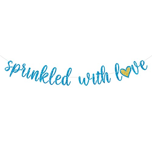 Sprinkled with Love Glitter Banner Baby Shower Sprinkle Party Decoration for Boy Pre-Strung Sign Gold (Blue)