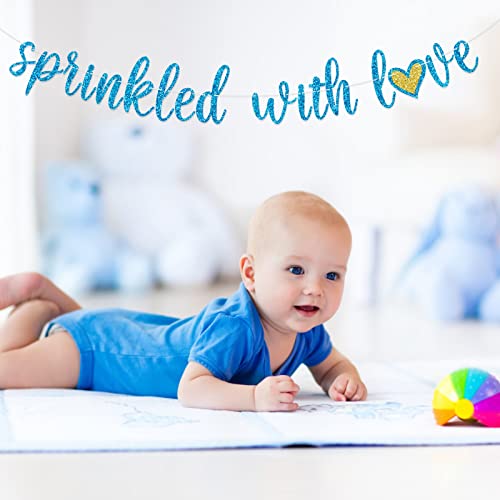 Sprinkled with Love Glitter Banner Baby Shower Sprinkle Party Decoration for Boy Pre-Strung Sign Gold (Blue)