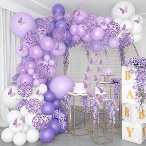 pateeha purple balloon garland arch kit 140 pcs purple baby shower decorations for girl butterfly sticker white lavender latex balloons for birthday bridal shower wedding decorations