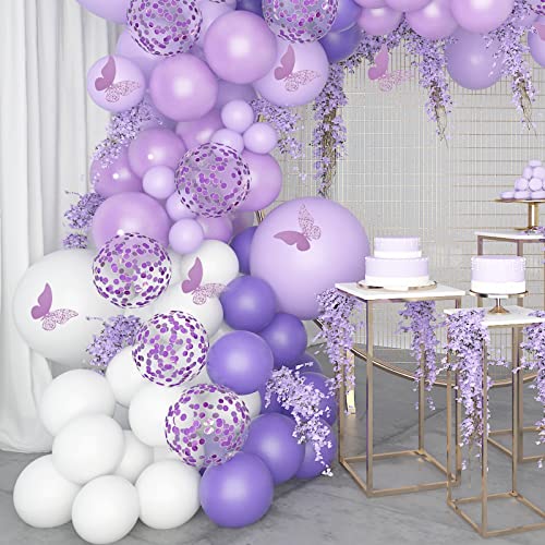Pateeha Purple Balloon Garland Arch Kit 140 Pcs Purple Baby Shower Decorations for Girl Butterfly Sticker White Lavender Latex Balloons for Birthday Bridal Shower Wedding Decorations