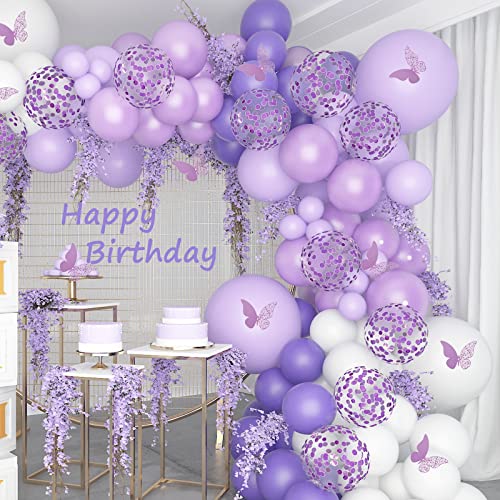 Pateeha Purple Balloon Garland Arch Kit 140 Pcs Purple Baby Shower Decorations for Girl Butterfly Sticker White Lavender Latex Balloons for Birthday Bridal Shower Wedding Decorations