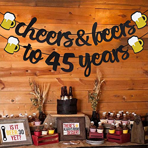 45th Birthday Decorations Cheers to 45 Years Banner for Men Women Birthday Backdrop Wedding Aniversary Party Supplies Decorations Black Glitter Pre Strung