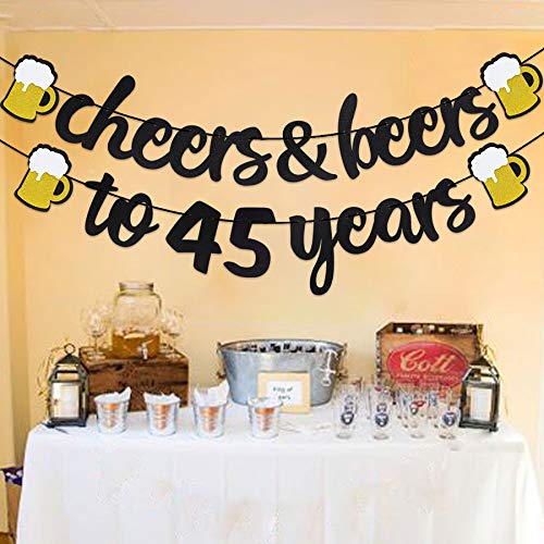 45th Birthday Decorations Cheers to 45 Years Banner for Men Women Birthday Backdrop Wedding Aniversary Party Supplies Decorations Black Glitter Pre Strung