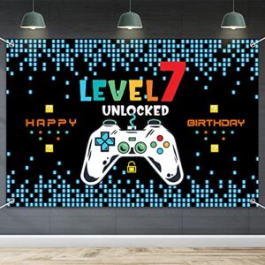hamigar 6x4ft happy 7th birthday baner backdrop – level 7 unlocked birthday decorations party supplies for boys – blue