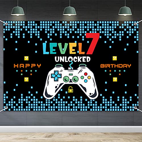 HAMIGAR 6x4ft Happy 7th Birthday Baner Backdrop - Level 7 Unlocked Birthday Decorations Party Supplies for Boys - Blue