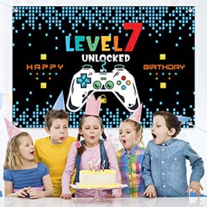 HAMIGAR 6x4ft Happy 7th Birthday Baner Backdrop - Level 7 Unlocked Birthday Decorations Party Supplies for Boys - Blue