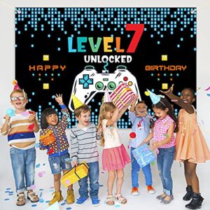 HAMIGAR 6x4ft Happy 7th Birthday Baner Backdrop - Level 7 Unlocked Birthday Decorations Party Supplies for Boys - Blue