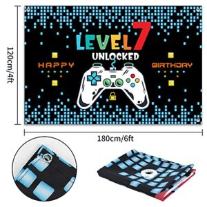 HAMIGAR 6x4ft Happy 7th Birthday Baner Backdrop - Level 7 Unlocked Birthday Decorations Party Supplies for Boys - Blue