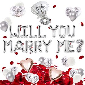 40 pcs-silver “will you marry me” balloon pack -proposal balloon banner and 2000 pcs red rose petals proposal decoration-proposal idea-diamond ring balloon-valentine’s day proposal (silver floral proposal)