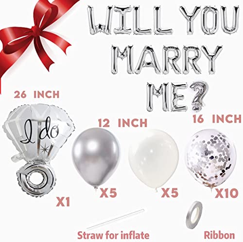 40 Pcs-Silver "Will you marry me" Balloon Pack -Proposal Balloon Banner and 2000 pcs Red Rose Petals proposal Decoration-proposal idea-Diamond ring Balloon-Valentine's Day Proposal (silver floral proposal)