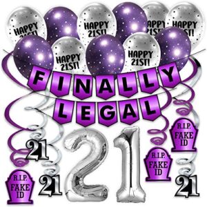 finally legal purple party pack – 21st birthday banner, balloon and swirls pack- birthday decorations – 21st birthday party supplies, favors and gifts