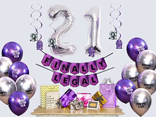 FINALLY LEGAL Purple Party Pack - 21st Birthday Banner, Balloon and Swirls Pack- Birthday Decorations - 21st Birthday Party Supplies, Favors and Gifts