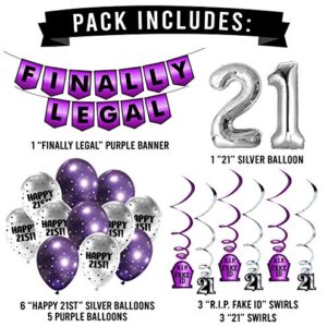 FINALLY LEGAL Purple Party Pack - 21st Birthday Banner, Balloon and Swirls Pack- Birthday Decorations - 21st Birthday Party Supplies, Favors and Gifts